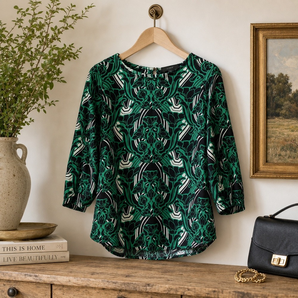 J.Crew Green Black‎ White Floral Print 3/4 Sleeve Blouse Size 2